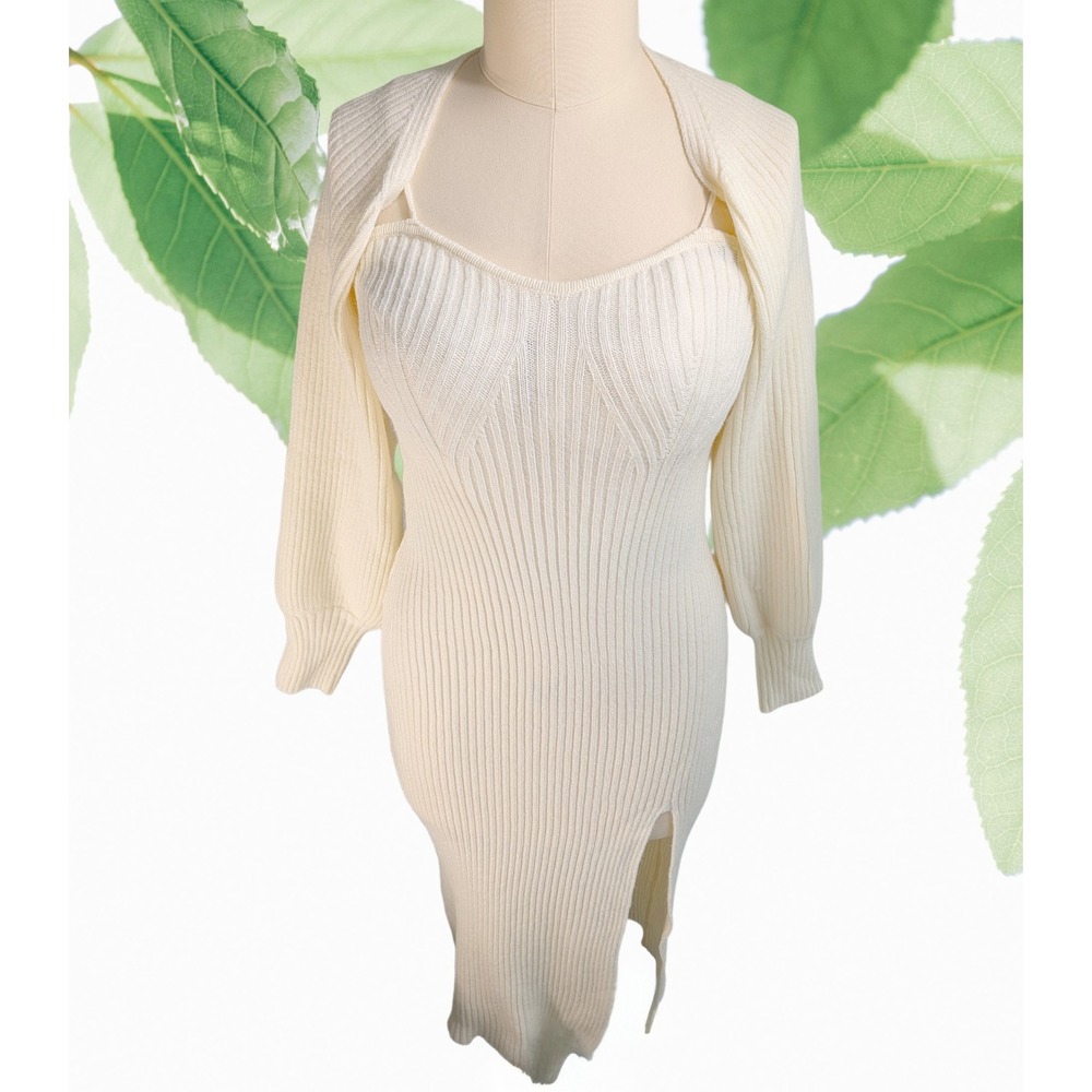 CIDER XL Ribbed Knit Set Vanilla BODYCON Midi Dress‎ with Bolero